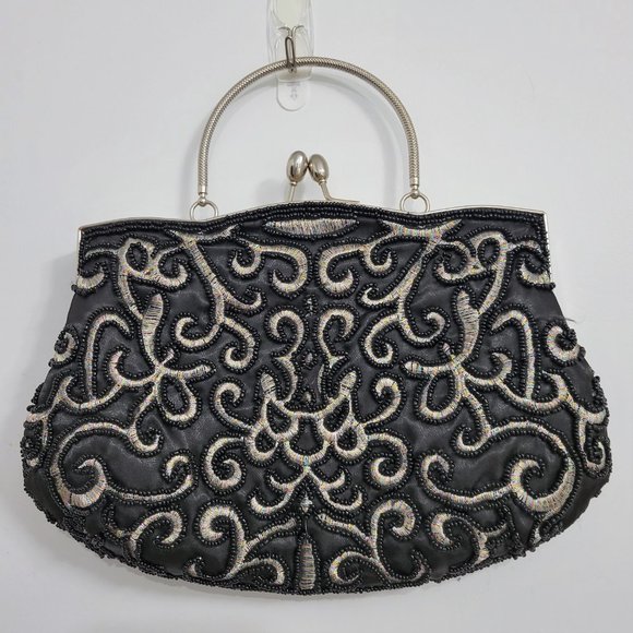 Black Beaded with Shimmery Pastel Ikat Pattern Satin Formal Evening Purse - Picture 2 of 7